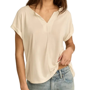 Lucky Brand Los Angeles CA Cream V-Neck Women Lady Short Sleeve Top Blouse XL
